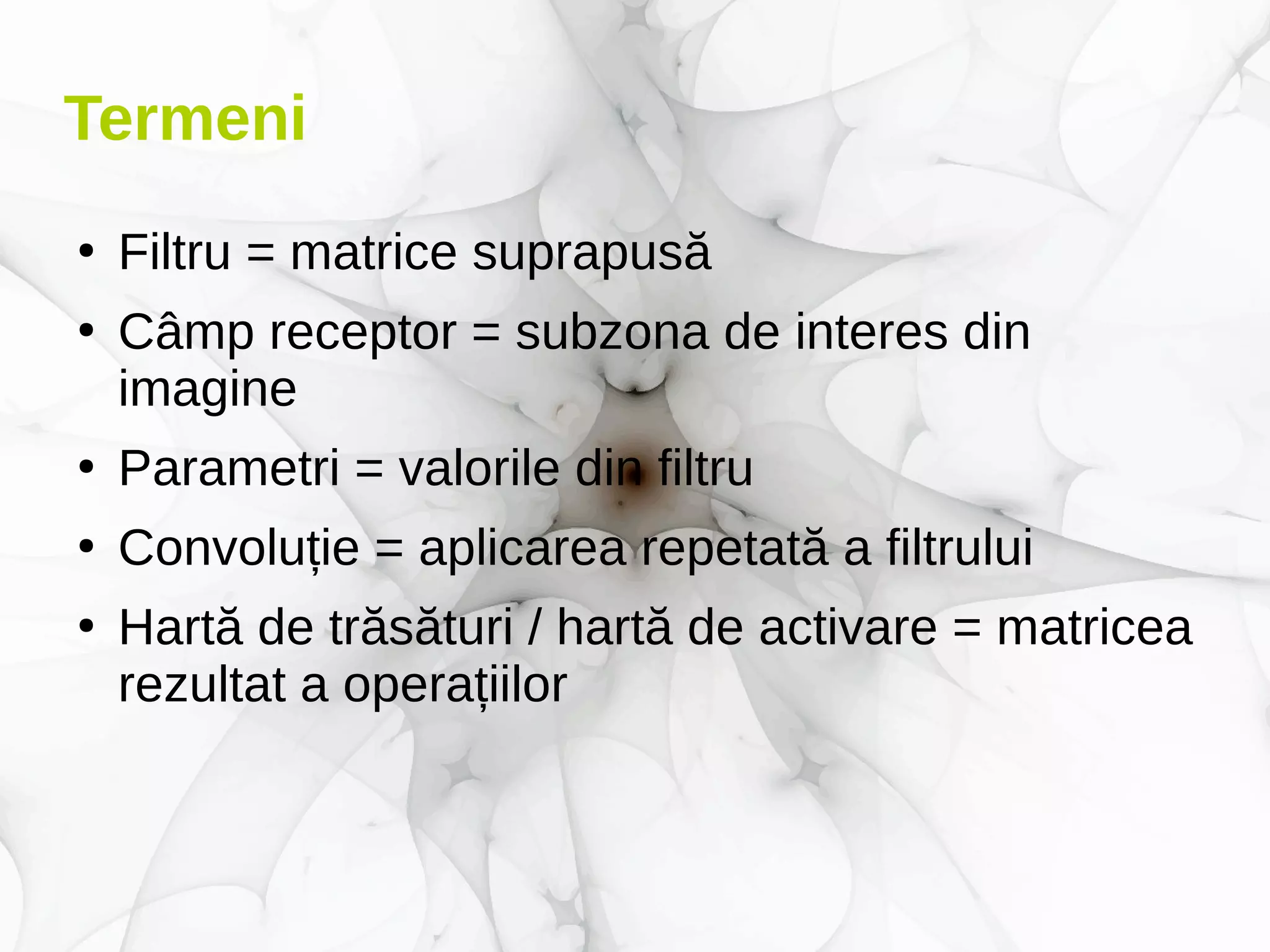 Termeni
●
Filtru = matrice suprapusă
●
Câmp receptor = subzona de interes din
imagine
●
Parametri = valorile din filtru
●
Convoluție = aplicarea repetată a filtrului
●
Hartă de trăsături / hartă de activare = matricea
rezultat a operațiilor
 