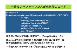 一番良いパフォーマンスが出た際のコード
層を深くすればするほど精度低下... (Deepじゃなかった)
Dropoutや正則化項を取り除けば取り除くほど精度が上昇
他の活性化関数(Tanh, Maxout)は良くなかった
→今回くらいのデータサイズだと小細工しないほうが良い？
deeptest16	
  <-­‐	
  
h2o.deeplearning(x	
  =	
  setdiﬀ(colnames(trainingPCBRT),	
  c("ID","RT")),	
  	
  
	
  	
  	
  	
  	
  	
  	
  	
  	
  	
  	
  	
  	
  	
  	
  	
  	
  	
  	
  	
  	
  	
  	
  	
  	
  	
  	
  	
  	
  y	
  =	
  "RT",	
  	
  
	
  	
  	
  	
  	
  	
  	
  	
  	
  	
  	
  	
  	
  	
  	
  	
  	
  	
  	
  	
  	
  	
  	
  	
  	
  	
  	
  	
  	
  training_frame	
  =	
  trainingPCBRT,	
  	
  
	
  	
  	
  	
  	
  	
  	
  	
  	
  	
  	
  	
  	
  	
  	
  	
  	
  	
  	
  	
  	
  	
  	
  	
  	
  	
  	
  	
  	
  validaTon_frame	
  =	
  testPCBRT,	
  
	
  	
  	
  	
  	
  	
  	
  	
  	
  	
  	
  	
  	
  	
  	
  	
  	
  	
  	
  	
  	
  	
  	
  	
  	
  	
  	
  	
  	
  acTvaTon	
  =	
  "RecTﬁer",	
  	
  
	
  	
  	
  	
  	
  	
  	
  	
  	
  	
  	
  	
  	
  	
  	
  	
  	
  	
  	
  	
  	
  	
  	
  	
  	
  	
  	
  	
  	
  hidden	
  =	
  c(50),	
  epochs	
  =	
  10000,	
  	
  
	
  	
  	
  	
  	
  	
  	
  	
  	
  	
  	
  	
  	
  	
  	
  	
  	
  	
  	
  	
  	
  	
  	
  	
  	
  	
  	
  	
  	
  loss	
  =	
  "Huber”)	
  
 