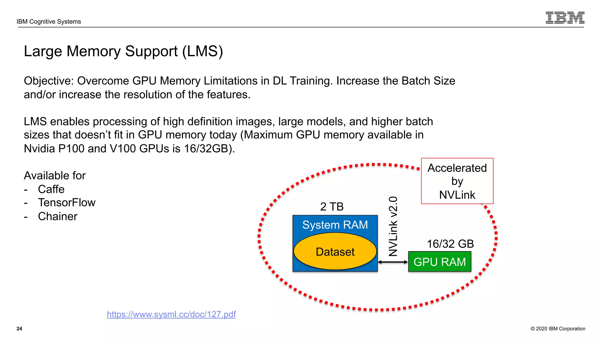© 2020 IBM Corporation
IBM Cognitive Systems
24
Large Memory Support (LMS)
Objective: Overcome GPU Memory Limitations in DL Training. Increase the Batch Size
and/or increase the resolution of the features.
LMS enables processing of high definition images, large models, and higher batch
sizes that doesn’t fit in GPU memory today (Maximum GPU memory available in
Nvidia P100 and V100 GPUs is 16/32GB).
Available for
- Caffe
- TensorFlow
- Chainer
https://www.sysml.cc/doc/127.pdf
GPU RAM
System RAM
NVLink
v2.0
2 TB
16/32 GB
Accelerated
by
NVLink
Dataset
 