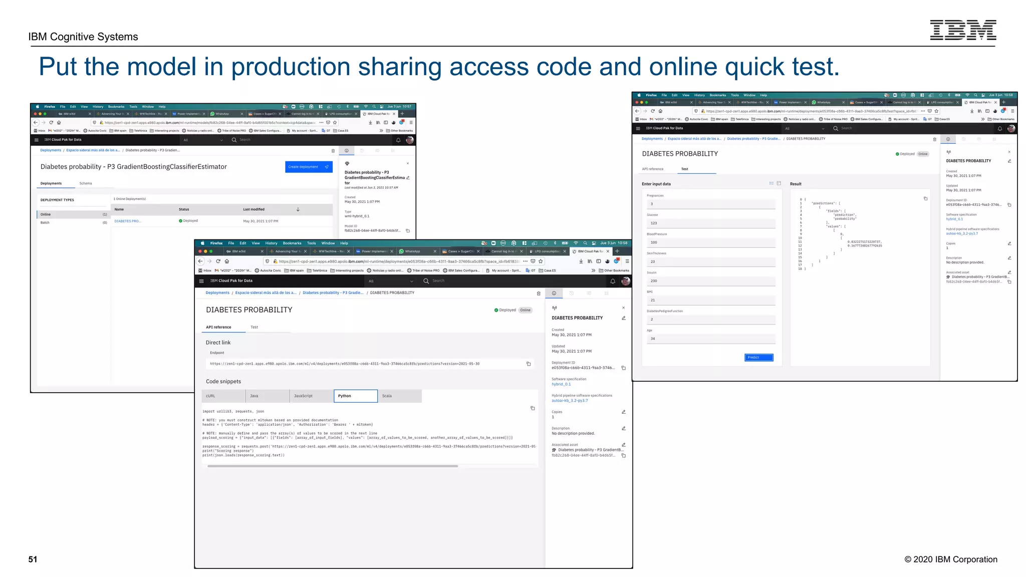 © 2020 IBM Corporation
IBM Cognitive Systems
Put the model in production sharing access code and online quick test.
51
 