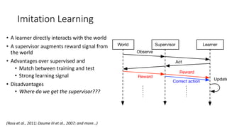 Imitation Learning
• A learner directly interacts with the world
• A supervisor augments reward signal from
the world
• Advantages over supervised and
• Match between training and test
• Strong learning signal
• Disadvantages
• Where do we get the supervisor???
(Ross et al., 2011; Daume III et al., 2007; and more…)
 