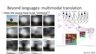 Beyond languages: multimodal translation
• Does the source have to be “sentence”?
Annotation
Vectors
Word
Ssample
ui
Recurrent
State
zi
f = (a, man, is, jumping, into, a, lake, .)
+
hj
Attention
Mechanism
a
Attention
weight
j
ajΣ =1
ConvolutionalNeuralNetwork
(Xu et al., 2015)
 