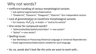 Why not words?
• Inefficient handling of various morphological variants
• Sub-optimal segmentation/tokenization
• “Etxaberria”, “Etxazarra”, “Etxaguren”, “Etxarren”: four independent vectors
• Lack of generalization to novel/rare morphological variants
• For instance, in Arabic => “and to his vehicle”
• One vector for compound words?
• “kolmi/vaihe/kilo/watti/tunti/mittari” => one vector?
• “kolme” => one vector?
• Spelling issues
• See Workshop on Processing Historical Language or Universal Dependencies
• Good segmentation/tokenization needed for each language
• So, no, words don’t look like the units we want to work with…
 