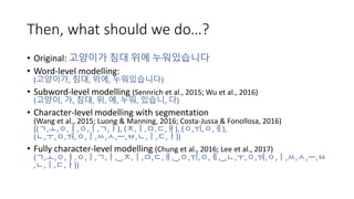 Then, what should we do…?
• Original: 고양이가 침대 위에 누워있습니다
• Word-level modelling:
(고양이가, 침대, 위에, 누워있습니다)
• Subword-level modelling (Sennrich et al., 2015; Wu et al., 2016)
(고양이, 가, 침대, 위, 에, 누워, 있습니, 다)
• Character-level modelling with segmentation
(Wang et al., 2015; Luong & Manning, 2016; Costa-Jussa & Fonollosa, 2016)
((ㄱ,ㅗ,ㅇ,ㅑ,ㅇ,ㅣ,ㄱ,ㅏ), (ㅊ,ㅣ,ㅁ,ㄷ,ㅐ), (ㅇ,ㅟ,ㅇ,ㅔ),
(ㄴ,ㅜ,ㅇ,ㅝ,ㅇ,ㅣ,ㅆ,ㅅ,ㅡ,ㅂ,ㄴ,ㅣ,ㄷ,ㅏ))
• Fully character-level modelling (Chung et al., 2016; Lee et al., 2017)
(ㄱ,ㅗ,ㅇ,ㅑ,ㅇ,ㅣ,ㄱ,ㅏ,_,ㅊ,ㅣ,ㅁ,ㄷ,ㅐ,_,ㅇ,ㅟ,ㅇ,ㅔ,_,ㄴ,ㅜ,ㅇ,ㅝ,ㅇ,ㅣ,ㅆ,ㅅ,ㅡ,ㅂ
,ㄴ,ㅣ,ㄷ,ㅏ))
 