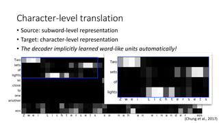 Character-level translation
• Source: subword-level representation
• Target: character-level representation
• The decoder implicitly learned word-like units automatically!
(Chung et al., 2017)
 