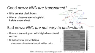 Good news: NN’s are transparent!
Hidden activations of a recurrent language model
• NN’s are not black boxes.
• We can observe every single bit
inside a neural net.
Bad news: NN’s are not easy to understand!
• Humans are not good with high-dimensional
vectors
• Distributed representation
• exponential combinations of hidden units
 