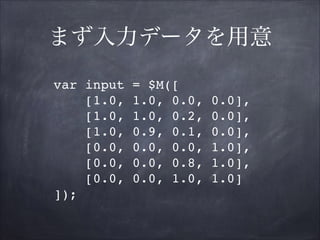 まず入力データを用意
var input
[1.0,
[1.0,
[1.0,
[0.0,
[0.0,
[0.0,
]);

= $M([!
1.0, 0.0,
1.0, 0.2,
0.9, 0.1,
0.0, 0.0,
0.0, 0.8,
0....