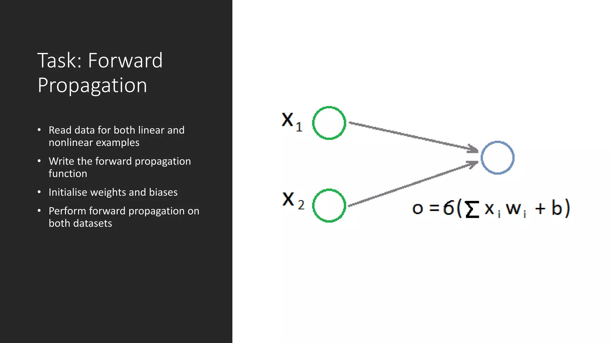 Task: Forward
Propagation
• Read data for both linear and
nonlinear examples
• Write the forward propagation
function
• Initialise weights and biases
• Perform forward propagation on
both datasets
 