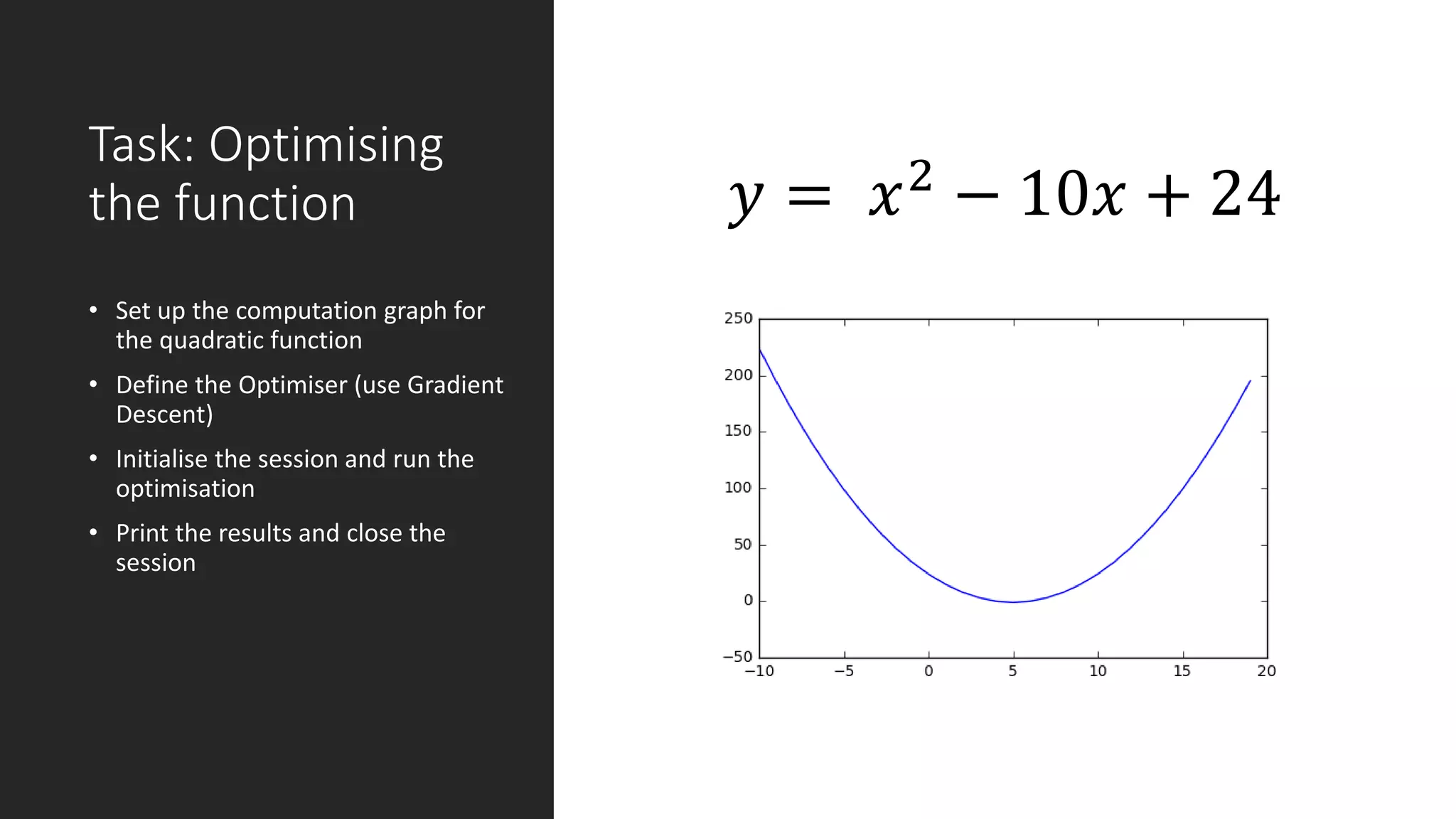 Task: Optimising
the function
• Set up the computation graph for
the quadratic function
• Define the Optimiser (use Gradient
Descent)
• Initialise the session and run the
optimisation
• Print the results and close the
session
𝑦 = 𝑥2 − 10𝑥 + 24
 