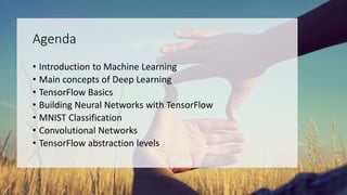 Agenda
• Introduction to Machine Learning
• Main concepts of Deep Learning
• TensorFlow Basics
• Building Neural Networks with TensorFlow
• MNIST Classification
• Convolutional Networks
• TensorFlow abstraction levels
 