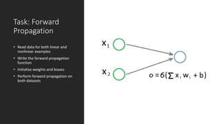 Task: Forward
Propagation
• Read data for both linear and
nonlinear examples
• Write the forward propagation
function
• Initialise weights and biases
• Perform forward propagation on
both datasets
 