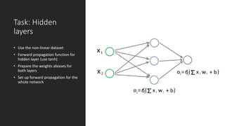 Task: Hidden
layers
• Use the non-linear dataset
• Forward propagation function for
hidden layer (use tanh)
• Prepare the weights abiases for
both layers
• Set up forward propagation for the
whole network
 