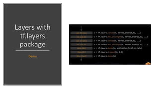 Layers with
tf.layers
package
Demo
 