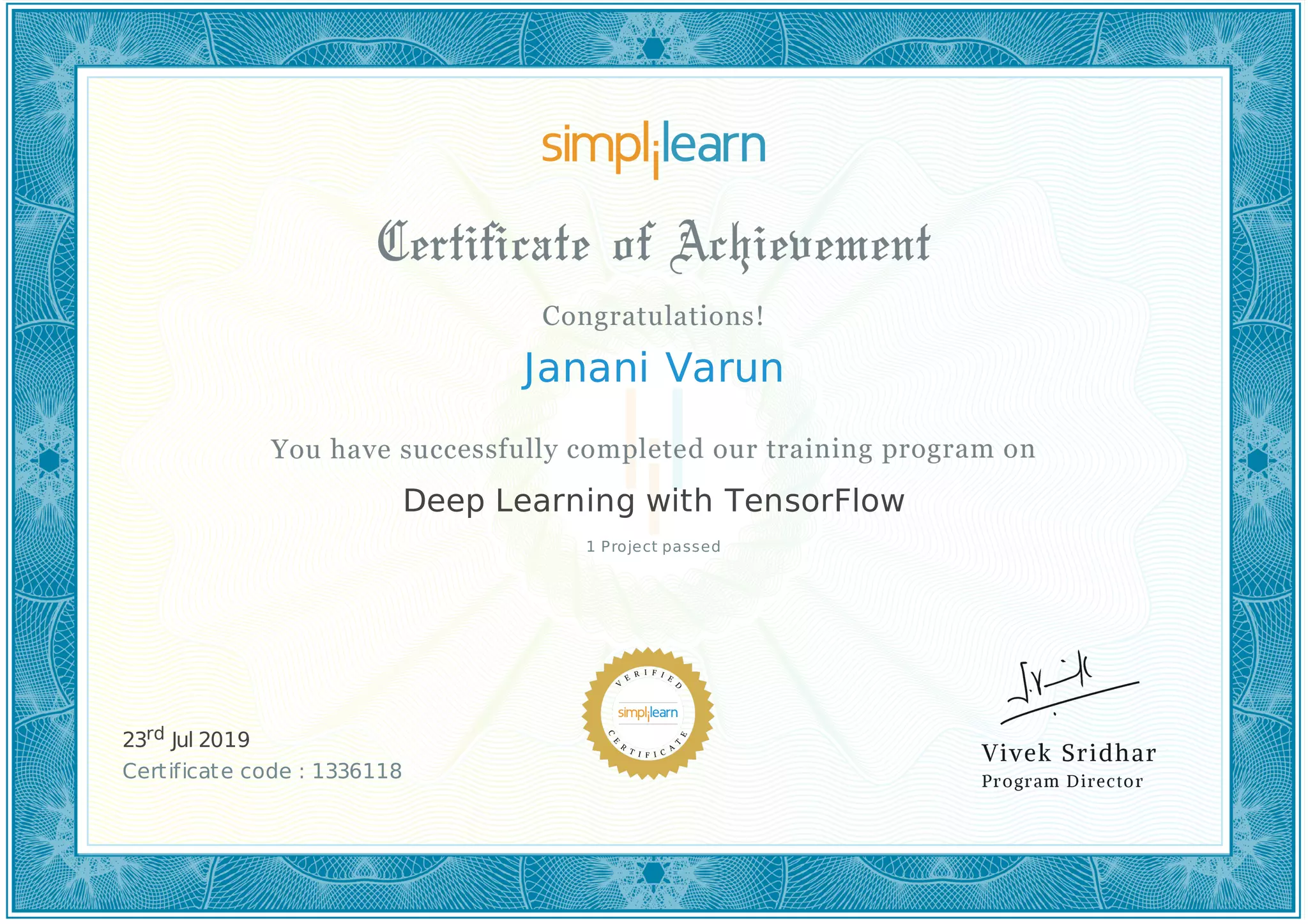 Janani Varun
1 Project passed
Deep Learning with TensorFlow
23rd Jul 2019
Certificate code : 1336118
 