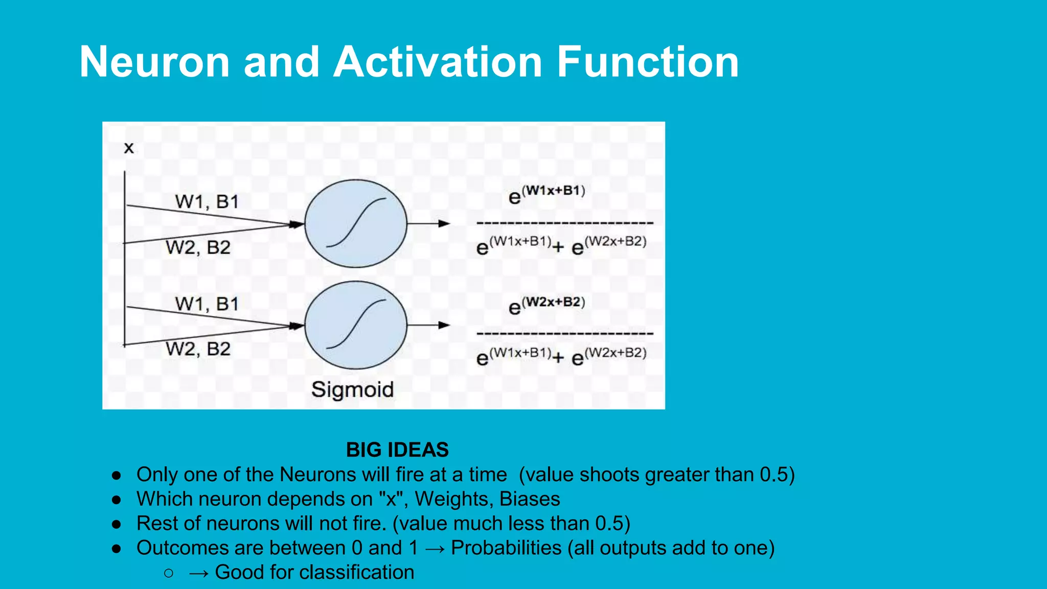 Neuron and Activation Function BIG IDEAS ● Only one of the Neurons will fire at a time (value shoots greater than 0.5) ● Which neuron depends on "x", Weights, Biases ● Rest of neurons will not fire. (value much less than 0.5) ● Outcomes are between 0 and 1 → Probabilities (all outputs add to one) ○ → Good for classification 