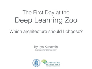by Ilya Kuzovkin
ilya.kuzovkin@gmail.com
The First Day at the
Deep Learning Zoo
Which architecture should I choose?
 