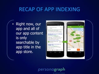 RECAP OF APP INDEXING
• Right now, our
app and all of
our app content
is only
searchable by
app title in the
app store.
 