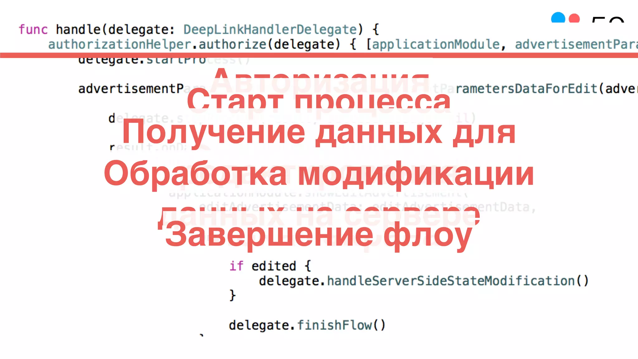 59
Авторизация
Старт процесса
Стоп процесса
Получение данных для
редактирования
Показ экрана
Обработка модификации
данных на сервере
Завершение флоу
 