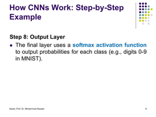 How CNNs Work: Step-by-Step
Example
Assist. Prof. Dr. Mohammad Assaad 8
Step 8: Output Layer
⚫ The final layer uses a softmax activation function
to output probabilities for each class (e.g., digits 0-9
in MNIST).
 