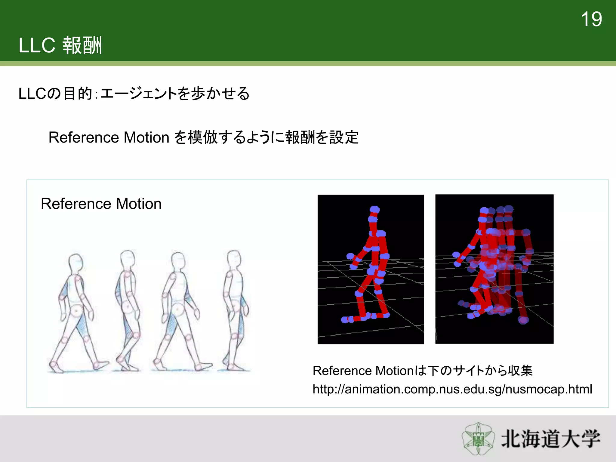 LLC 報酬
Reference Motionは下のサイトから収集
http://animation.comp.nus.edu.sg/nusmocap.html
19
Reference Motion を模倣するように報酬を設定
LLCの目的：エージェントを歩かせる
Reference Motion
 