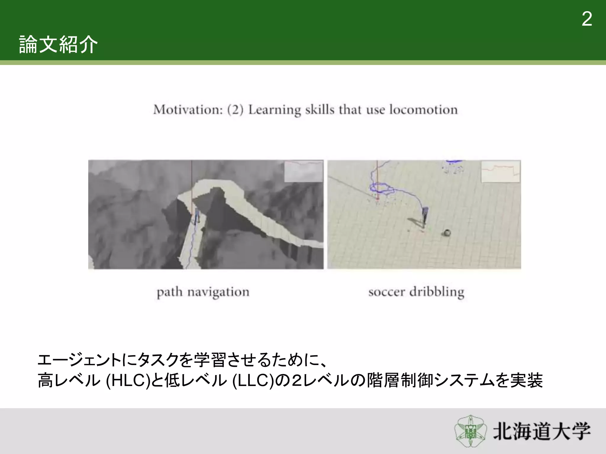 論文紹介
2
エージェントにタスクを学習させるために、
高レベル (HLC)と低レベル (LLC)の２レベルの階層制御システムを実装
 