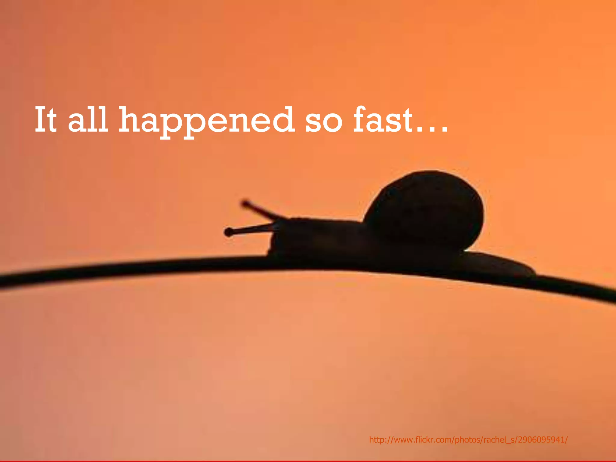 It all happened so fast…
http://www.flickr.com/photos/rachel_s/2906095941/
 