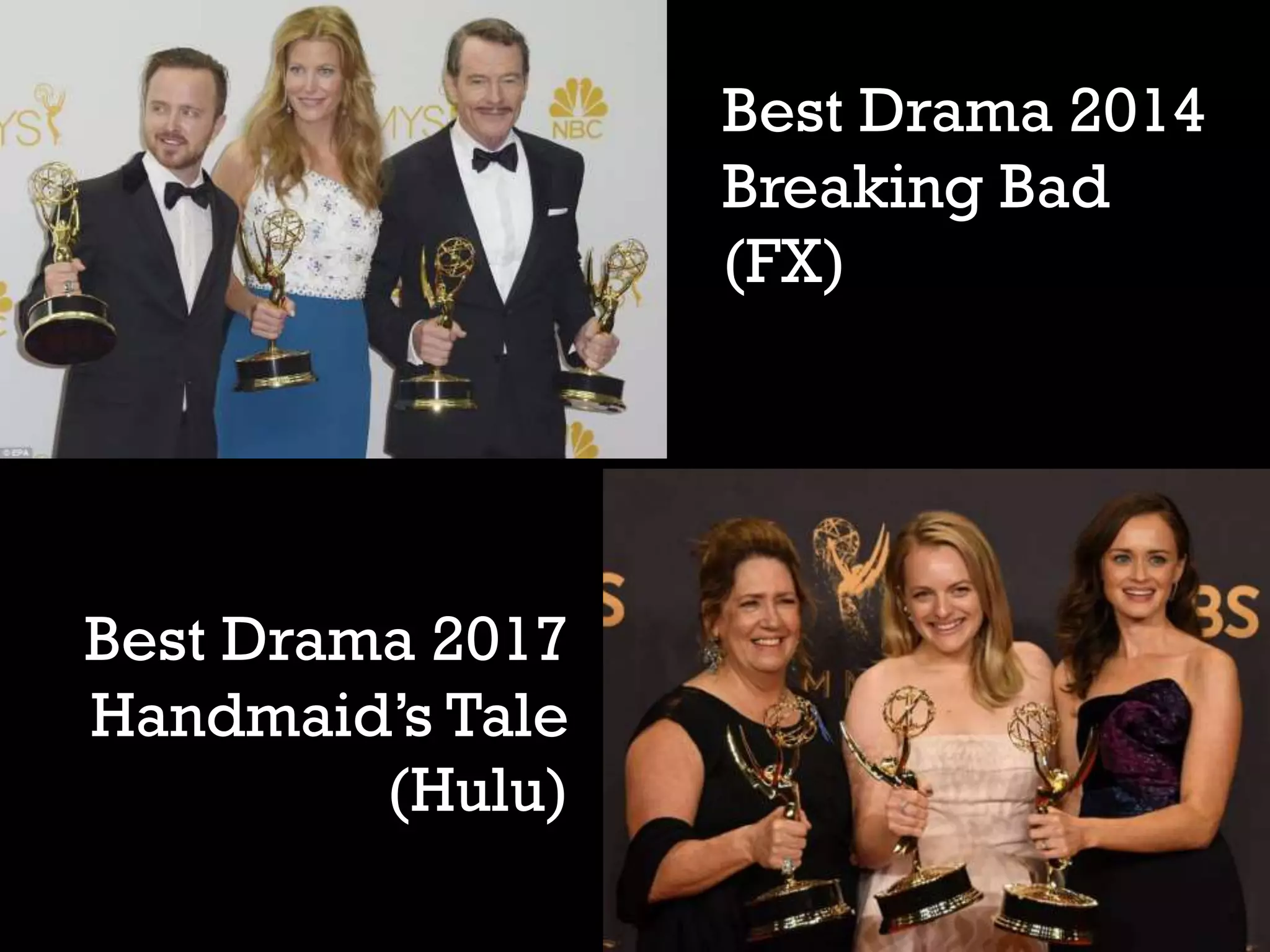 Best Drama 2014
Breaking Bad
(FX)
Best Drama 2017
Handmaid’s Tale
(Hulu)
 