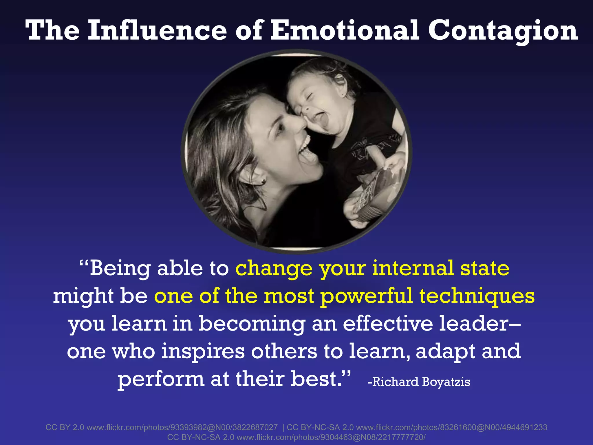 The Influence of Emotional Contagion
CC BY 2.0 www.flickr.com/photos/93393982@N00/3822687027 | CC BY-NC-SA 2.0 www.flickr.com/photos/83261600@N00/4944691233
CC BY-NC-SA 2.0 www.flickr.com/photos/9304463@N08/2217777720/
“Being able to change your internal state
might be one of the most powerful techniques
you learn in becoming an effective leader–
one who inspires others to learn, adapt and
perform at their best.” -Richard Boyatzis
 