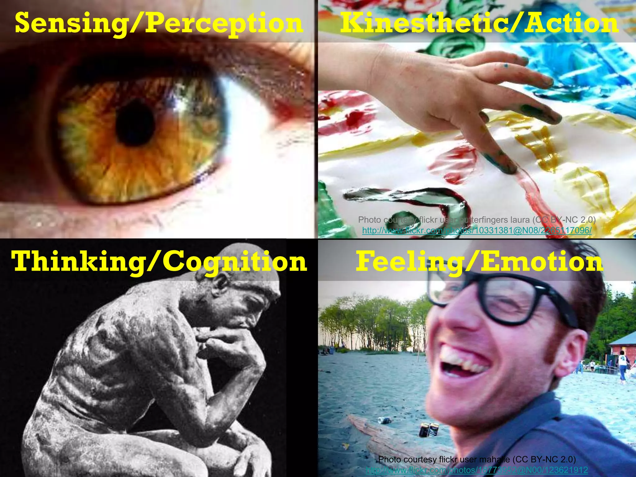 Photo courtesy flickr user butterfingers laura (CC BY-NC 2.0)
http://www.flickr.com/photos/10331381@N08/2265117096/
Photo courtesy flickr user mahalie (CC BY-NC 2.0)
http://www.flickr.com/photos/18773952@N00/123621912
Sensing/Perception Kinesthetic/Action
Thinking/Cognition Feeling/Emotion
 