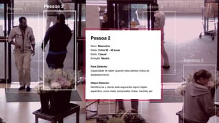 1
Pessoa 1
Pessoa 2
Pessoa 3
Pessoa 4
Pessoa 5
Pessoa 2
Sexo: Masculino 
Idade: Entre 30 - 40 anos
Estilo: Casual
Emoção: Neutro 
Face Detector
Capacidade de saber quando essa pessoa voltou ao
estabelecimento. 
Object Detector
Identiﬁca se o cliente está segurando algum objeto
especíﬁco, como mala, computador, bolsa, mochila, etc. 
 