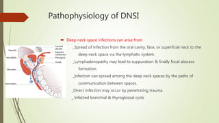 Pathophysiology of DNSI
 Deep neck space infections can arise from
_Spread of infection from the oral cavity, face, or superficial neck to the
deep neck space via the lymphatic system.
_Lymphadenopathy may lead to suppuration & finally focal abscess
formation.
_Infection can spread among the deep neck spaces by the paths of
communication between spaces.
_Direct infection may occur by penetrating trauma.
_ Infected branchial & thyroglossal cysts
 