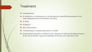 Treatment
 Hospitalization
 IV antibiotics, co-amoxyclav or a broad spectrum penicillin/cephalosporin and
metronidazole are the combination of choice.
 IV fluids
 Analgesics
 Anti inflammatory
 Tracheostomy in airway obstruction ,or stridor
 Endotracheal intubation is difficult to do ; because of inflamed & displaced larynx
& the risk of abscess rupture & aspiration of the pus into respiratory tract
 