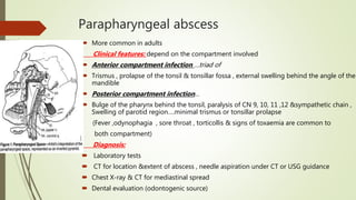 Parapharyngeal abscess
 More common in adults
Clinical features: depend on the compartment involved
 Anterior compartment infection …triad of
 Trismus , prolapse of the tonsil & tonsillar fossa , external swelling behind the angle of the
mandible
 Posterior compartment infection…
 Bulge of the pharynx behind the tonsil, paralysis of CN 9, 10, 11 ,12 &sympathetic chain ,
Swelling of parotid region….minimal trismus or tonsillar prolapse
(Fever ,odynophagia , sore throat , torticollis & signs of toxaemia are common to
both compartment)
Diagnosis:
 Laboratory tests
 CT for location &extent of abscess , needle aspiration under CT or USG guidance
 Chest X-ray & CT for mediastinal spread
 Dental evaluation (odontogenic source)
 