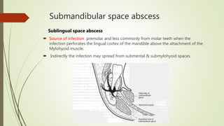 Submandibular space abscess
Sublingual space abscess
 Source of infection premolar and less commonly from molar teeth when the
infection perforates the lingual cortex of the mandible above the attachment of the
Mylohyoid muscle.
 Indirectly the infection may spread from submental & submylohyoid spaces.
 