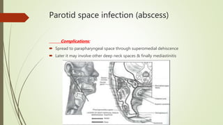 Parotid space infection (abscess)
Complications:
 Spread to parapharyngeal space through superomedial dehiscence
 Later it may involve other deep neck spaces & finally mediastinitis
 