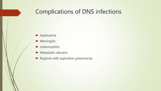 Complications of DNS infections
 Septicemia
 Meningitis
 osteomyelitis
 Metastatic abscess
 Rupture with aspiration pneumonia
 