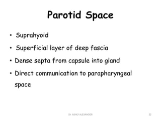 Parotid Space
• Suprahyoid
• Superficial layer of deep fascia
• Dense septa from capsule into gland
• Direct communication to parapharyngeal
space
32
Dr. ASHLY ALEXANDER
 