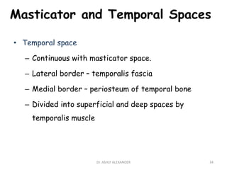 Masticator and Temporal Spaces
• Temporal space
– Continuous with masticator space.
– Lateral border – temporalis fascia
– Medial border – periosteum of temporal bone
– Divided into superficial and deep spaces by
temporalis muscle
34
Dr. ASHLY ALEXANDER
 