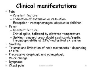 Clinical manifestations
• Pain
– Constant feature
– Indication of extension or resolution
– Exception – retropharyngeal abscess in children
• Fever
– Constant feature
– Initial spike, followed by elevated temperature
– Spiking temperatures- doubt septicemia/septic
thrombophlebitis of IJV/mediastinal extension
• Swelling
• Trismus and limitation of neck movements – depending
on site
• Progressive dysphagia and odynophagia
• Voice change
• Dyspnoea
• Chest pain 39
Dr. ASHLY ALEXANDER
 