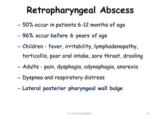 Retropharyngeal Abscess
– 50% occur in patients 6-12 months of age
– 96% occur before 6 years of age
– Children - fever, irritability, lymphadenopathy,
torticollis, poor oral intake, sore throat, drooling
– Adults - pain, dysphagia, odynophagia, anorexia
– Dyspnea and respiratory distress
– Lateral posterior pharyngeal wall bulge
55
Dr. ASHLY ALEXANDER
 