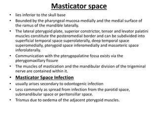 Masticator space
• lies inferior to the skull base
• Bounded by the pharyngeal mucosa medially and the medial surface of
the ramus of the mandible laterally.
• The lateral pterygoid plate, superior constrictor, tensor and levator palatini
muscles constitute the posteromedial border and can be subdivided into
superficial temporal space superolaterally, deep temporal space
superomedially, pterygoid space inferomedially and masseteric space
inferolaterally.
• Communication with the pterygopalatine fossa exists via the
pterygomaxillary fissure
• The muscles of mastication and the mandibular division of the trigeminal
nerve are contained within it.
• Masticator Space Infection
• usually arises secondary to odontogenic infection
• Less commonly as spread from infection from the parotid space,
submandibular space or peritonsillar space.
• Trismus due to oedema of the adjacent pterygoid muscles.
 