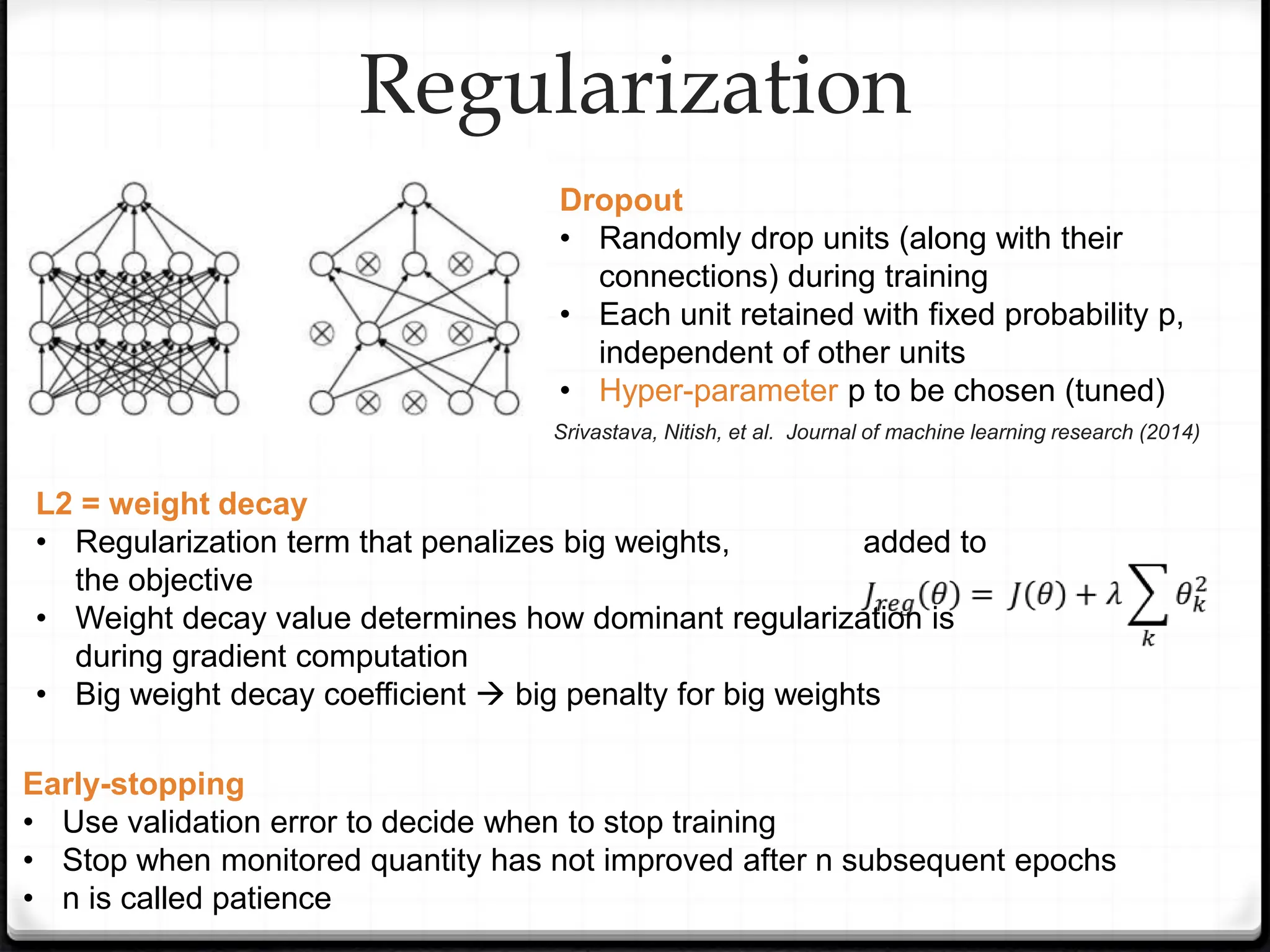 L2 = weight decay
• Regularization term that penalizes big weights, added to
the objective
• Weight decay value determines how dominant regularization is
during gradient computation
• Big weight decay coefficient  big penalty for big weights
Regularization
Dropout
• Randomly drop units (along with their
connections) during training
• Each unit retained with fixed probability p,
independent of other units
• Hyper-parameter p to be chosen (tuned)
Early-stopping
• Use validation error to decide when to stop training
• Stop when monitored quantity has not improved after n subsequent epochs
• n is called patience
Srivastava, Nitish, et al. Journal of machine learning research (2014)
 