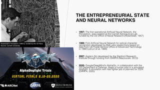 THE ENTREPRENEURIAL STATE
AND NEURAL NETWORKS
• 1957: The first operational Artificial Neural Network, the
Perceptron, was created at the Cornell Aeronautical Lab,
funded by the US Office of Naval Research.(Rosenblatt, 1957)
• 1989: First Artificial Neural Network for optical character
recognition developed by Bell Labs researchers based on
data from US Postal Service Office of Advanced Technology
in 1989 (LeCun et al, 1989)
• 2007: Apple’s Siri developed by the Stanford Research
Institute through funding from DARPA (Mazzucato, 2013)
• 2020: Google/DeepMind’s AlphaGo, in collaboration with the
US Department of Defense, beats a human pilot in a simulated
dogfight. A simulation with real fighter jets is planned for 2024.
(DARPA, 2020)
Rosenblatt’s Perceptron (1960’s), funded by the US Navy
Source: Cornell University
 