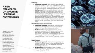 A FEW
EXAMPLES
OF MACHINE
LEARNING
ADVANTAGES
• Radiology
• Traditional Approach: Write software which tells the
computer to look at a brain scan and determine whether
a tumor is cancerous. Requires you to contrive a formula
for detecting cancer. Very expensive with low accuracy.
• ML Approach: Feed the model millions of brain scan
images. The model finds patterns in the photos and
makes its own rules for recognizing cancer. Ask the
model to analyze a photo. If it gets an answer wrong, the
error is “backpropagated” through the network,
adjusting the relevant neurons, and it will never repeat
the same mistake. The ML approach is far superior to
traditional programming, and now nearly as accurate as
the best human Radiologists. (Do, Song, and Chung,
2020)
• Shredded Document Reconstruction
• Traditional Approach: Meticulously comb through a
mountain of shredded documents and piece them
together by hand. Can take several months.
• ML Approach: Scan the shredded pieces into a
computer database. The ML model recognizes word
and sentence fragments and re-assembles the
documents within hours. Some models are capable of
inferring gaps if pieces are missing. Orders of
magnitude faster + more accurate. (Paixão et al, 2020)
• Legal Research
• Traditional Approach: Attorney hires a paralegal to
conduct a thorough review of case law, legal opinions,
litigation outcomes, etc. Can take weeks or months
depending on the case.
• ML Approach: ML model with access to a legal
database finds every relevant piece of legal research in
minutes. (Donahue, 2018)
*Note: In each case,
the AI does not
replace humans, but
can do the boring and
monotonous tasks
dramatically more
efficiently. Humans
are still required to
analyze and interpret
the results. (for now).
Radiologists and
Attorneys are not out
of a job, but radiologic
technicians and
paralegals will be.
Source: Brooklyn 99/NBC
Source: The-Scientist.com
 