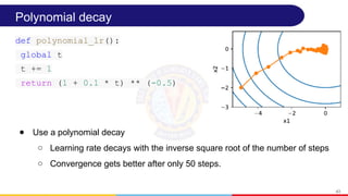 Polynomial decay
● Use a polynomial decay
○ Learning rate decays with the inverse square root of the number of steps
○ Convergence gets better after only 50 steps.
43
def polynomial_lr():
global t
t += 1
return (1 + 0.1 * t) ** (-0.5)
 