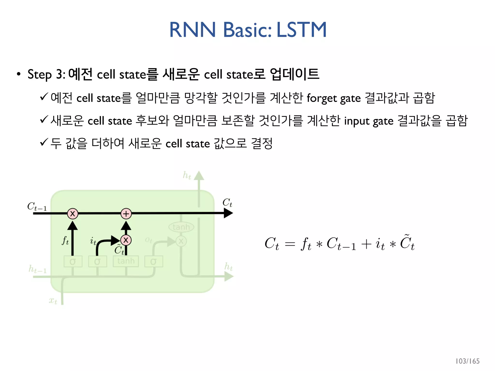 RNN Basic: LSTM
• Step 3: 예전 cell state를 새로운 cell state로 업데이트
예전 cell state를 얼마만큼 망각할 것인가를 계산한 forget gate 결과값과 곱함
새로운 cell state 후보와 얼마만큼 보존할 것인가를 계산한 input gate 결과값을 곱함
두 값을 더하여 새로운 cell state 값으로 결정
103/165
 