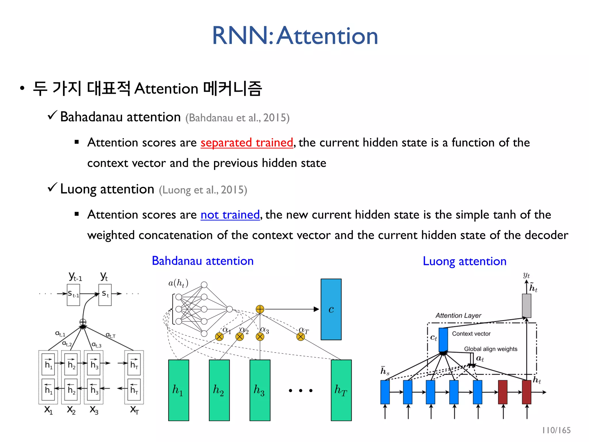 RNN:Attention
• 두 가지 대표적 Attention 메커니즘
Bahadanau attention (Bahdanau et al., 2015)
 Attention scores are separated trained, the current hidden state is a function of the
context vector and the previous hidden state
Luong attention (Luong et al., 2015)
 Attention scores are not trained, the new current hidden state is the simple tanh of the
weighted concatenation of the context vector and the current hidden state of the decoder
Bahdanau attention Luong attention
110/165
 