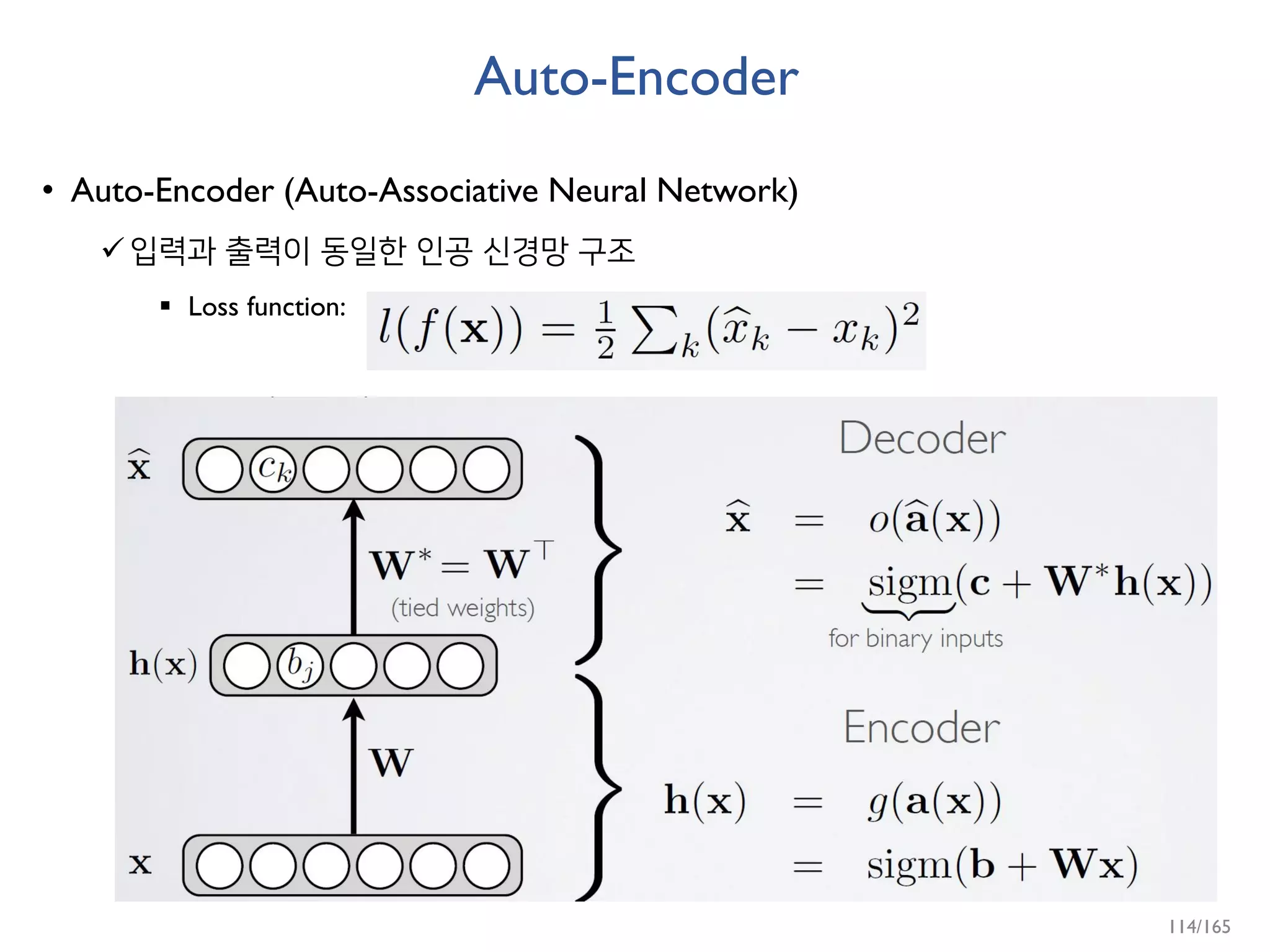 Auto-Encoder
• Auto-Encoder (Auto-Associative Neural Network)
입력과 출력이 동일한 인공 신경망 구조
 Loss function:
114/165
 