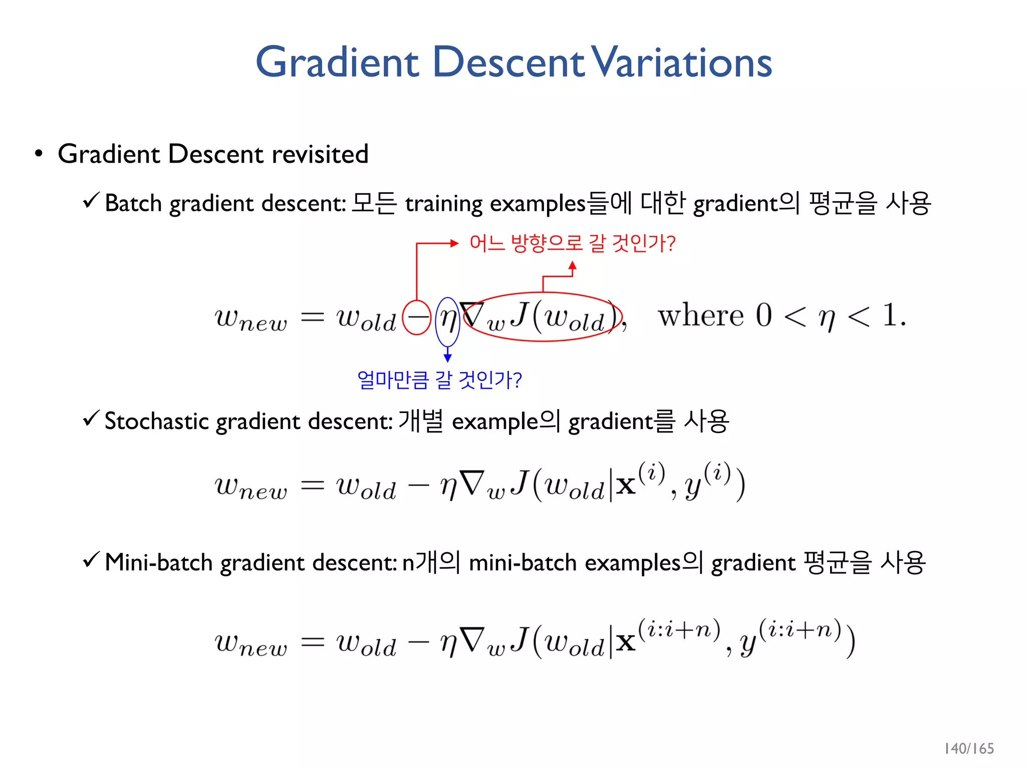 Gradient DescentVariations
• Gradient Descent revisited
Batch gradient descent: 모든 training examples들에 대한 gradient의 평균을 사용
Stochastic gradient descent: 개별 example의 gradient를 사용
Mini-batch gradient descent: n개의 mini-batch examples의 gradient 평균을 사용
어느 방향으로 갈 것인가?
얼마만큼 갈 것인가?
140/165
 