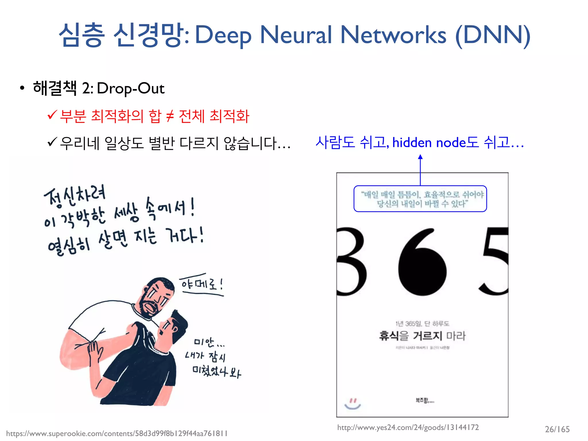 심층 신경망: Deep Neural Networks (DNN)
• 해결책 2: Drop-Out
부분 최적화의 합 ≠ 전체 최적화
우리네 일상도 별반 다르지 않습니다…
https://www.superookie.com/contents/58d3d99f8b129f44aa761811
http://www.yes24.com/24/goods/13144172
사람도 쉬고, hidden node도 쉬고…
26/165
 
